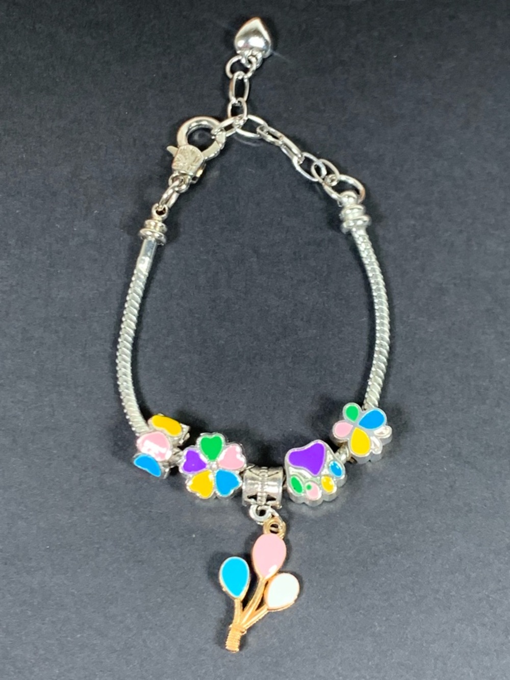 Silver Tone Multi-Color Enamel Flower & Balloon Charm Bracelet 6-8”